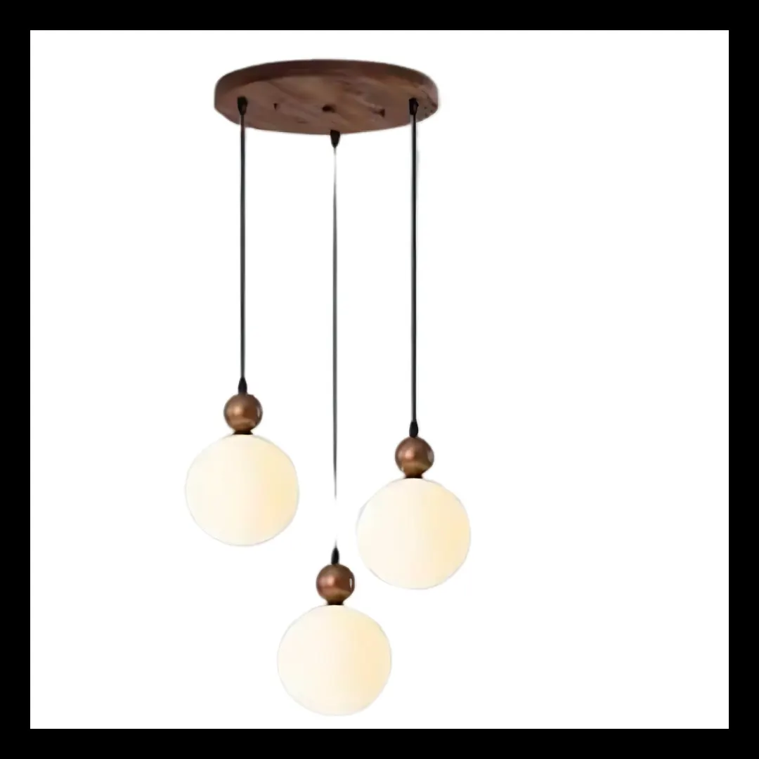 Suspension Triple Boules Opalines - Bois et Noir